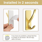 Self Adhesive Coat Hooks for Hanging, Heavy Duty Stainless Double Wall Hook for Towel, Backpack, Hat, Sturdy Metal Hanger for Bathroom, Bedroom, Door, Wall Mounted, 4-Pack, Bling Gold
