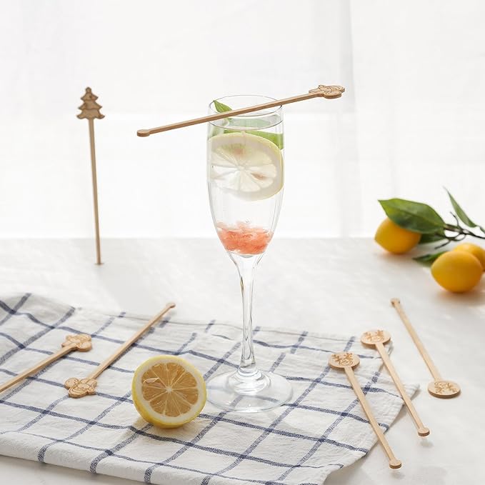 60PCS Bamboo Coffee Stirrers, 7inch Christmas Biodegradable Disposable Christmas Tree Santa Claus Reindeer Coffee Drink Cocktail Stirrers for Christmas Coffee Milk Office Home Hot Chocolate Bar