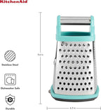 KitchenAid Gourmet 4-Sided Stainless Steel Box Grater for Fine, Medium and Coarse Grate, and Slicing, Detachable 3 Cup Storage Container and Measurment Markings, Dishwasher Safe, 10 inches tall, Aqua