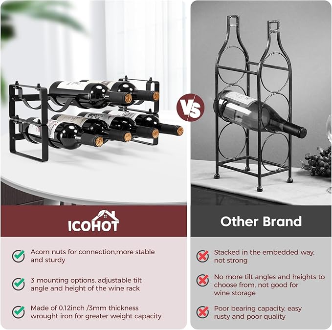 Stackable Wine Rack Countertop, Sturdy Wine Bottle Holder Freestanding for Cabinet, 2 Tier Small Tabletop Wine Holder Stand for Pantry Bar, Wire Wine Bottle Rack Metal Wine Storage Organizers