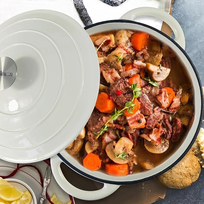 Dutch Oven,Cast Iron Dutch Ovens,Dutch Oven Pot with Lid,5 QT Enamel Dutch Pot,Dutch Ovens with Dual Handles,Cast Iron Pot for Braiser,Cooking,Gifts for Family,White