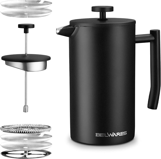 Belwares French Press Coffee Maker 34 Oz - Insulated Coffee Press Stainless Steel 304 - Double Wall & 4 Level Filtration System (1 Liter) - Black