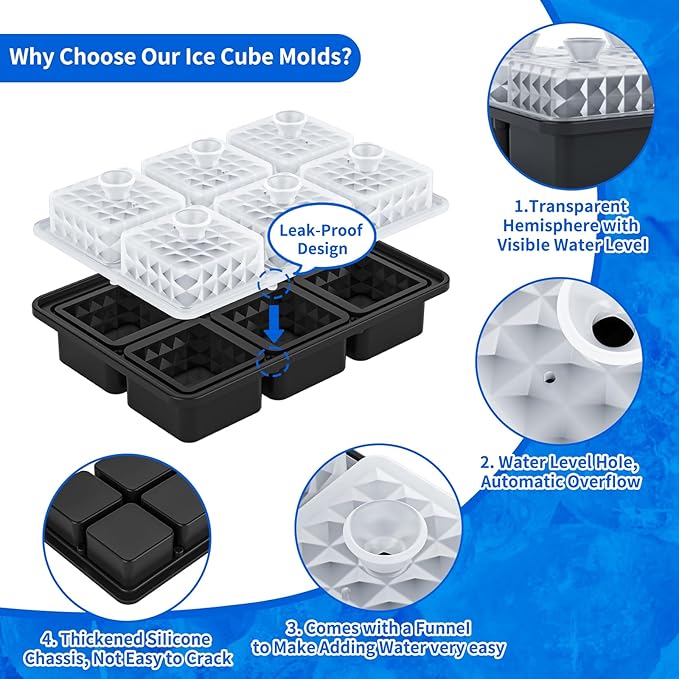 6 Chamber 1.97” 3D Crystal Square Ice Cube Tray With Funnel,Large Square Ice Molds Silicone Fun Shapes Whiskey Ice Cube Tray,For Chilling Whiskey,Cocktails,Bourbon,Brandy and Beverages