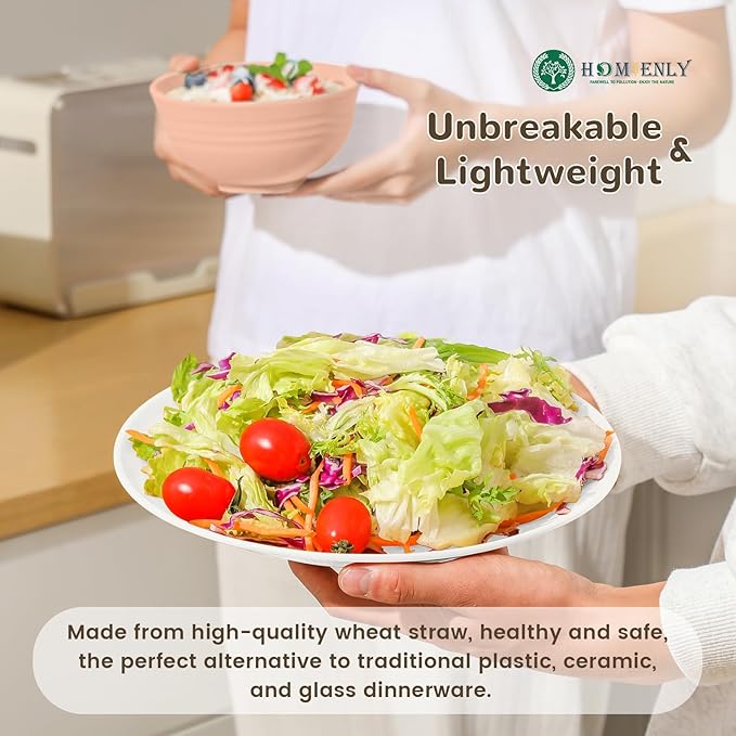 Homienly 40-Piece Wheat Straw Dinnerware Set, Reusable Plates and Bowls Sets, Alternative to Plastic Dishes Set-Dinner Plates with Textured Pattern, Bowls, Cups, Dishwasher Safe - Pink Flower