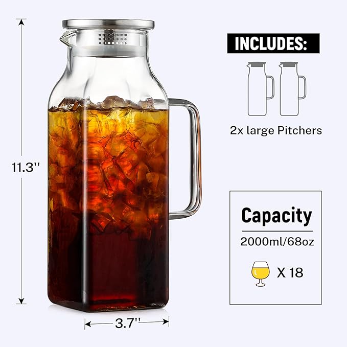 Netany 4 Pack 2 Liters/68 oz Square Glass Pitcher with Lid and Handle for Fridge, Iced Tea and Coffee Carafe Beverage Serveware, Heat Resistant Borosilicate Water Jug for Hot/Cold Drinks and Milk