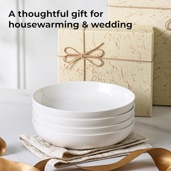 Y YHY Pasta Bowls, 22 Ounces Salad Ceramic Bowl Plate Set of 4, 7.8 Inch Porcelain Pasta Bowls for Serving Dinner and Salad，Wide and Shallow Bowls Set, Microwave and Dishwasher Safe, White