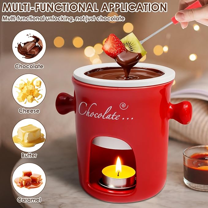 Chocolate Fondue Mug with Fork, 280ml Ceramic Chocolate Fondue Cup Set, Chocolate Melting Mug, Great for Cheese, Butter - Date Nights, Birthdays, Anniversary, Weddings (Red)