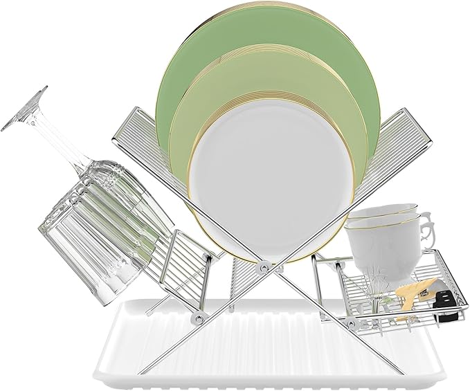 Dish Rack with Drip Tray, Stainless Steel 3-Tier Collapsible Drainer Dish Drying Rack for Kitchen Counter, Sink, Countertop,Cutlery, Dishes Utensils Flatware Holder Set, Reversible Cup Draining Rack