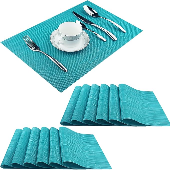 PIGCHCY Placemats Set of 12 Washable Durable Place Mats Vinyl Heat Resistant Non-Slip Table Mats Indoor Outdoor (Turquoise)
