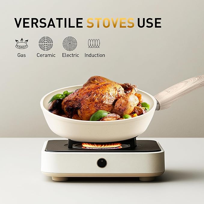 DisDelight Pots and Pans Set Non Stick, Nonstick Induction Granite Kitchen Cookware Sets, Induction Nonstick Granite Cooking Set, Induction Cookware Cooking Pan Set, Pan Sets for Cooking, Cream White