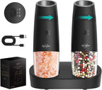 Sangcon 2-Speed Gravity Electric Salt and Pepper Grinder Set RECHARGEABLE, Automatic Salt Pepper Shakers with Charging Base - LED Light One Hand Operated, External Adjustable Coarseness Pepper Mill