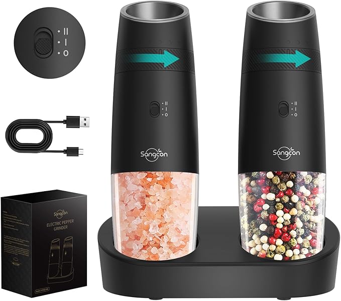 Sangcon 2-Speed Gravity Electric Salt and Pepper Grinder Set RECHARGEABLE, Automatic Salt Pepper Shakers with Charging Base - LED Light One Hand Operated, External Adjustable Coarseness Pepper Mill