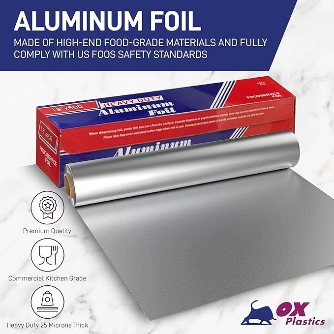 Ox Plastics Aluminum Foil Wrap | Heavy-Duty, Commercial Grade for Food Service Industry | Silver Foil for Cooking, Roasting, Baking, BBQ & Parties | 18"x 500 feet (2 Pack)