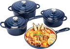 QuliMetal Nonstick Enameled Cast Iron Cookware Set, Frying Pan Skillet- 7-Pcs Pots and Pans with Lid, Healthy Round Dutch Oven Pot for Sourdough Bread Baking, Oven Safe up to 500° F or on All Stovetop
