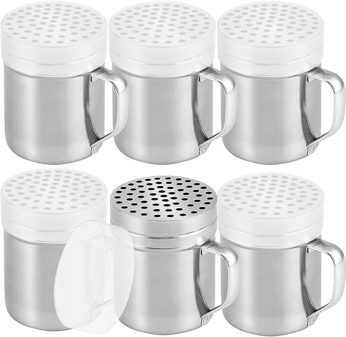 CUSINIUM 10oz Metal Parmesan Cheese Shakers with Large Holes - With Handle - Chili Flakes Dispensers - Pizza Shakers - Pack of 6 | Style: Coarse