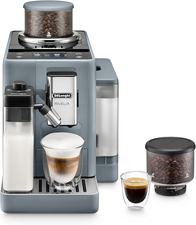 De'Longhi Rivelia Automatic Espresso Machine, Grinder & Frother, Easy Bean Switching, Pebble Gray