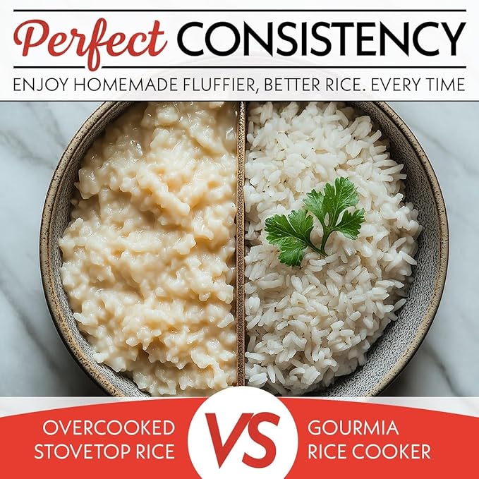 Gourmia Rice Cooker – 3 Qt Capacity, 12 Cup Cooked, 6 Cup Uncooked, Digital Controls, Grain Cooker & Steamer, Built-In Steamer Basket, Nonstick Ceramic Pot, Delay Timer, Keep Warm, Stainless Steel