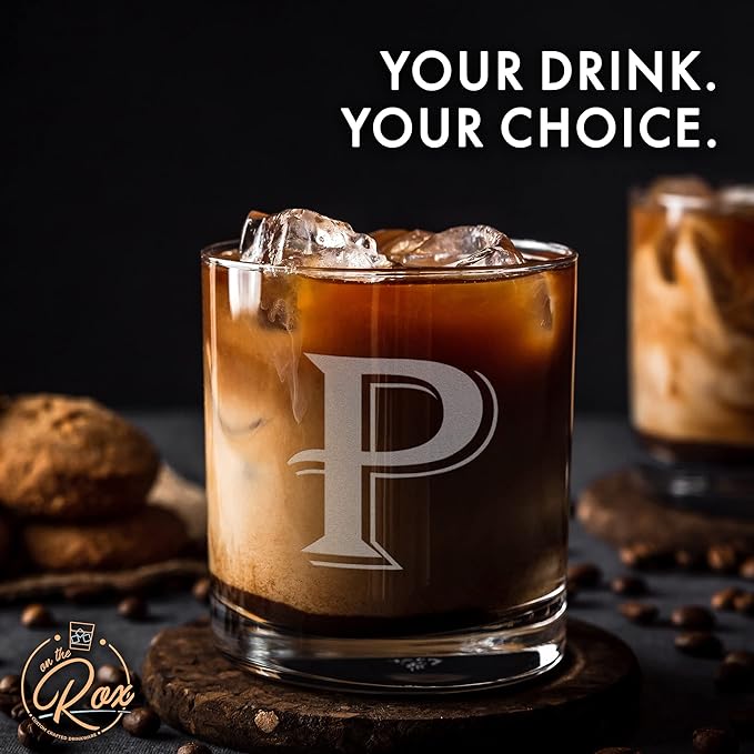 On The Rox Drinks (P-Monogram)- 4 Piece Set of 11 Ounce Engraved Heavy Base Rocks Glasses Elegant Glass-Multi-Purpose Beverage-Rocks Glass- Gift for any Occasion