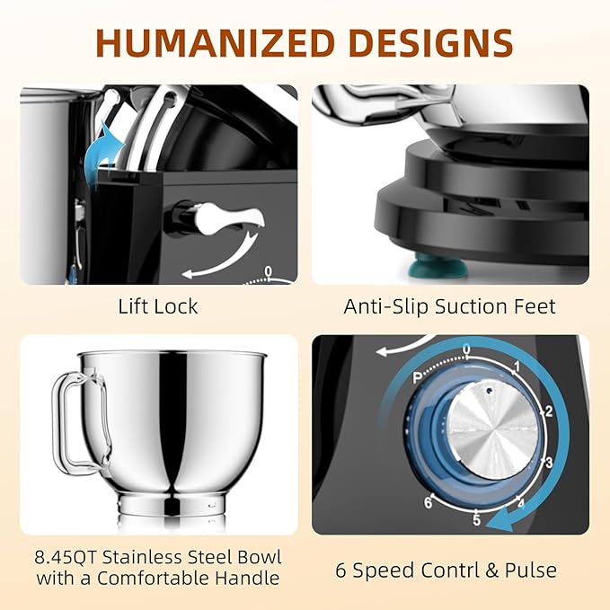 Dough Mixer 8.45 QT Electric Mixer - 660W 6 Speed Large Capacity Kitchen Stand Mixer with Whisk Dough Hook Mixing Beater Household Food Mixer for Baking Cakes Cookie Bread Salad (Black)