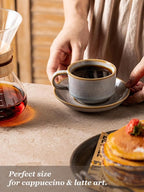 Gomakren 6 Ounce Cappuccino Cups with Saucers and Metal Stand, Stackable Coffee Cup Set of 4, Halloween Porcelain Espresso Cups for Coffee Drinks, Cappuccino, Latte, Americano, Tea, Gray