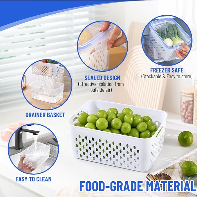 Large Fruit Containers for Fridge - Leakproof Food Storage Containers with Removable Colander - Dishwasher safe Produce Containers Keep Fruits, Vegetables, Berry, Meat Fresh longer (3)