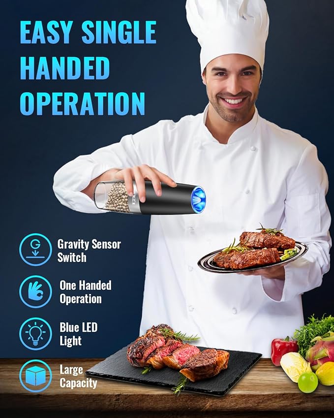 Gravity Electric Pepper and Salt Grinder Set, Adjustable Coarseness, Battery Powered with LED Light, One Hand Automatic Operation, 2 Pack -Black