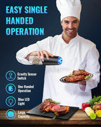 Gravity Electric Pepper and Salt Grinder Set, Adjustable Coarseness, Battery Powered with LED Light, One Hand Automatic Operation, 2 Pack -Black