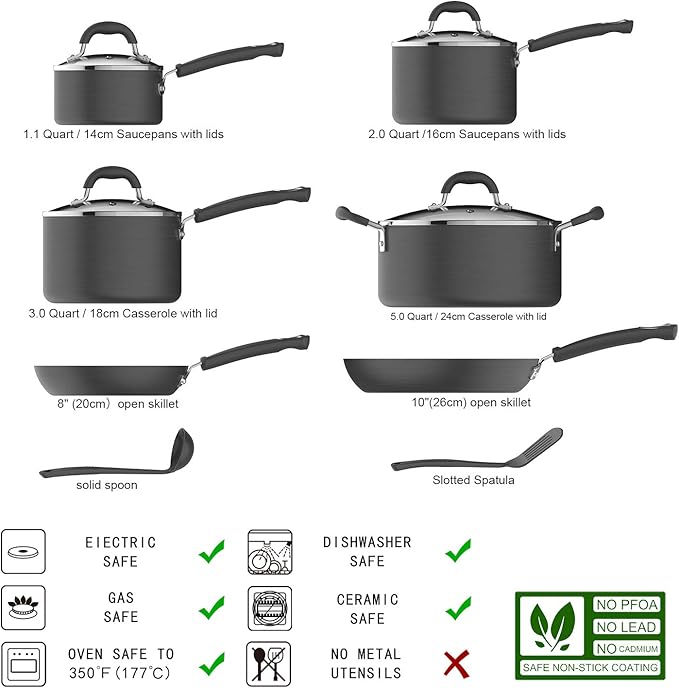 Amazon Basics Hard Anodized Non-Stick 12-Piece Cookware Set, Black - Pots, Pans and Utensils