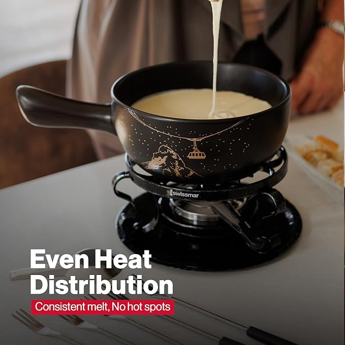 Swissmar Gruyere Cheese Fondue Set - 2.8 QT / 2.65 L - Ceramic Fondue Pot with Rechaud, Fondue Burner, 6 Forks - Ideal for Melting Cheese, Chocolate & Caramel - Black