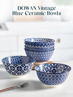 DOWAN 33 OZ Large Bowls Set of 6 - Ceramic Deep Bowl for Ramen, Pasta, Salad - Vintage Blue Porcelain Bowls for Kitchen Decor & Housewarming Gift - Dishwasher & Microwave Safe