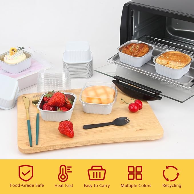 120pack 5oz Mini Cake Pans with Lids,LNYZQUS Foil Cupcake Cups Small Brownie Baking Tins,Square Disposable Ramekins Mini Cheesecake Containers Muffin Holders-White