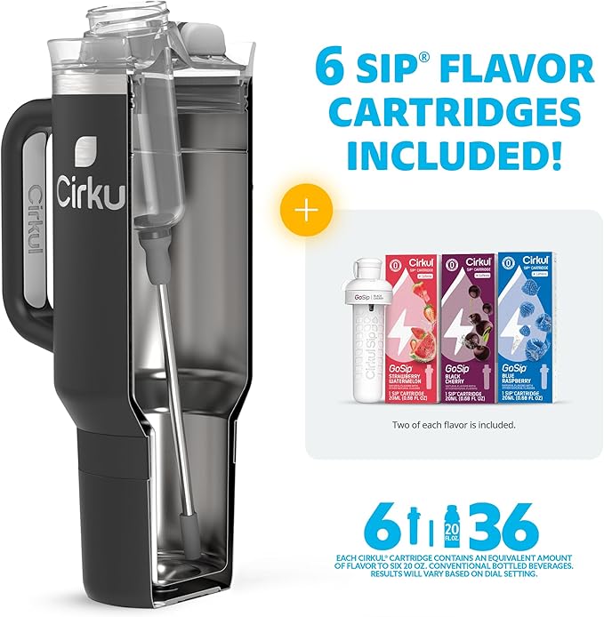 Cirkul 40oz Stainless Steel Insulated Tumbler Bundle in Carbon – Includes Flavor Cartridge Drink Mix Variety Pack, Zero Calories, No Sugar