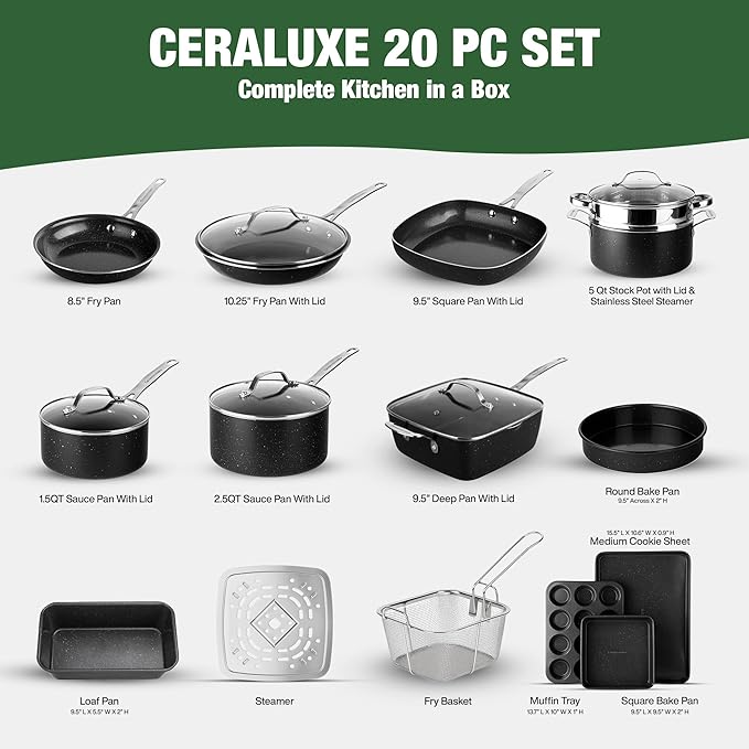 Granitestone Ceraluxe 20 Pc Ceramic Cookware Set Nonstick, Complete Pots and Pans Set Non Stick with 5 Pc Bakeware Set, Deep Frying Pan Set, & Steamer, Non Toxic PFOA Free, Oven & Dishwasher Safe