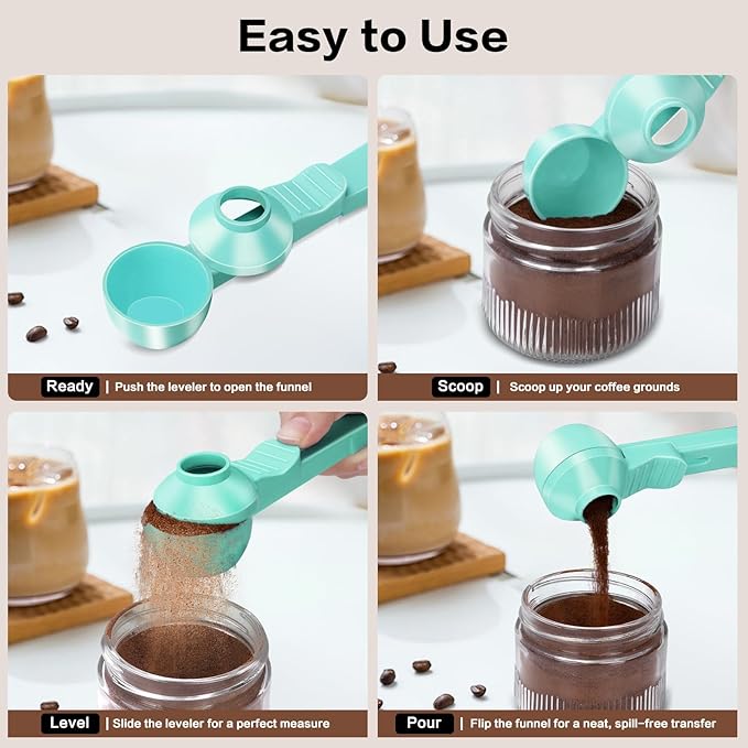 2-in-1 Coffee Scoop with Funnel, 2 Teaspoon Measuring Spoon for Reusable K Cups, Ground Coffee, Protein Powder & Tea, Mess-Free Plastic Design (Light Green)