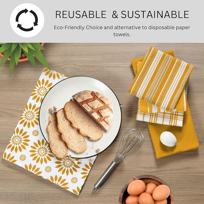 Assorted Kitchen Towels 16x26 Inch 100% Cotton Set of 5 - Dish Cloths Towels with Hanging Loop - Soft Absorbent Washable Tea Towels for Kitchen - Quick Drying Dish Towels Mustard Yellow