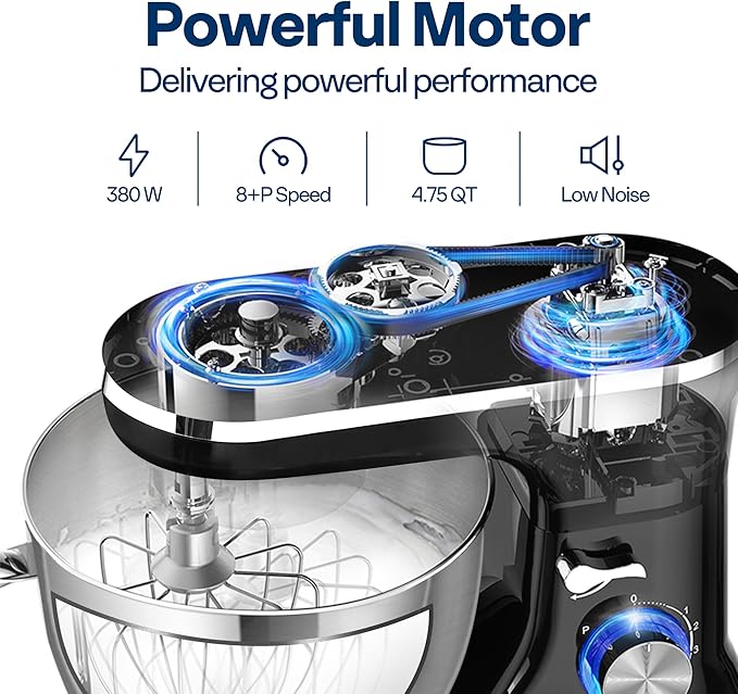 VIVOHOME 4.75 Quart Stand Mixer, 8 Speed Kitchen Electric Food Mixer, Household Stand Mixer for Baking, Cake, Bread with Beater, Dough Hook, Wire Whip and Egg Separator, Black