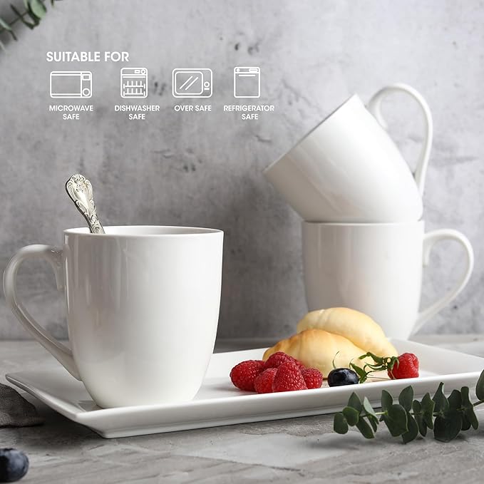 Coffee Mugs Set of 6, 16Oz Large Ceramic Mugs with Comfort Grip, White Porcelain Coffee Cups for Cocoa, Latte, Hot Tea, Cappuccino, Mocha, Milk, Dishwasher Safe, 5.5 x 4.5 inch