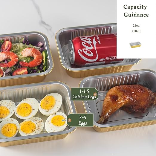 6"x 4" Sturdy Aluminum Foil Pans + Lids (5 Pack), 2X Thicker Heavy Duty for Oven, Grill, Microwavable Cooking Baking, Reusable Freezable Dishwasherable Disposable Tin Pot Container 25oz