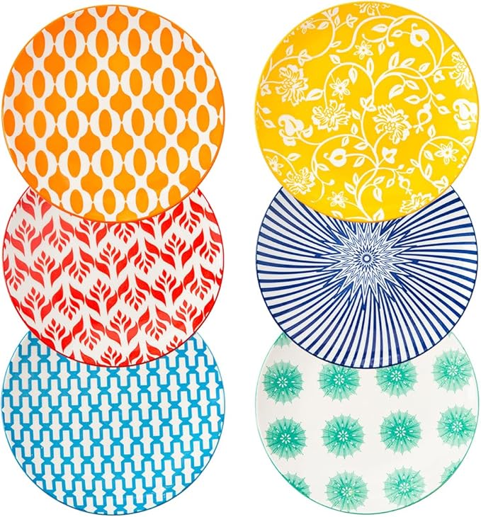 Ceramic Dessert Plates Set - 6 Inch Small Appetizer Plates for Kitchen - Salad Plate for Cake Snacks Side Dish, Microwave Dishwasher Safe, Gift, Assorted Colors