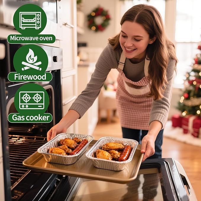 Atonofun 48 Pieces Christmas Foil Containers with Lids, 8 Holiday Designs, Holiday Food Containers, Disposable Cookie Tin Pan for Holiday Leftovers, Xmas Gift-Giving Party Supplies