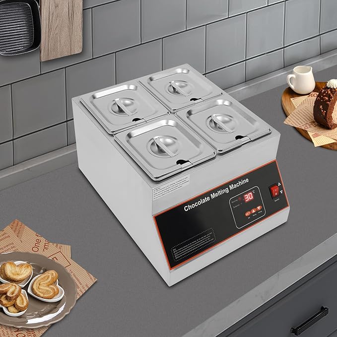 500W Electric Melting Pot for Chocolate w/Digital Display Control,Commercial Chocolate Warmer Melting Pot Chocolate Melter Pot Machine for Home or Bakery Use 4 Tanks for 26.46lb of Tempered Chocolate