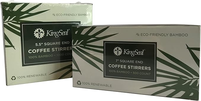 500 Count | KingSeal Bamboo Wood Coffee Stirrers, Square End, 7 inch Length, 100% Renewable and Biodegradable - 1 Box of 500