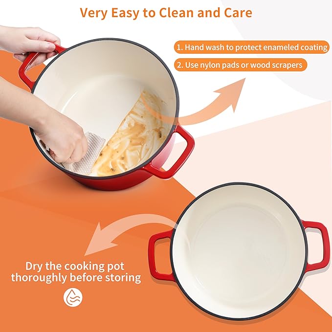 Velaze 6 QT Enameled Cast Iron Dutch Oven, Dual Handles Pot with Lid, Heavy-Duty Non-stick Round Oven for Bread Baking, Stewing, Roasting, Good Sealing for All Heat Source (Red)