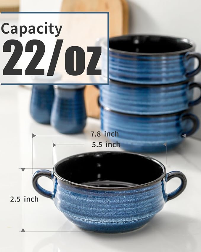 Soup Bowls with Handles, 22 oz French Onion Soup Bowls, Stackable Ceramic Bowls Set of 2, Serving Bowls for Chili, Beef Stew, Soup, Cereal, Oven Microwave Dishwasher Safe, Blue
