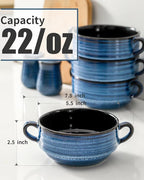 Soup Bowls with Handles, 22 oz French Onion Soup Bowls, Stackable Ceramic Bowls Set of 2, Serving Bowls for Chili, Beef Stew, Soup, Cereal, Oven Microwave Dishwasher Safe, Blue