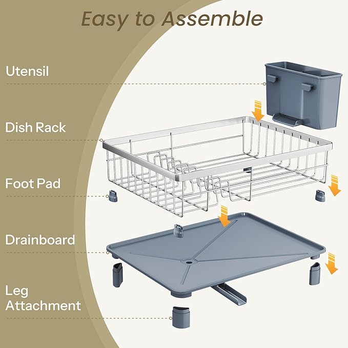 Dish Drying Rack - Small Dish Rack for Kitchen Counter, Stainless Steel Dish Drainer with Utensil Holder and Drainboard (Silver)