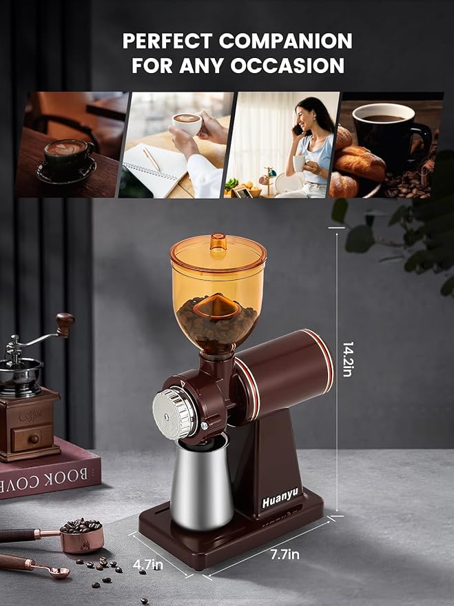 Huanyu Stainless Steel Coffee Grinder Electric with 8 Grinding Settings Flat Burr Coffee Grinder Adjustable Burr Coffee Grinders for Home Use Red