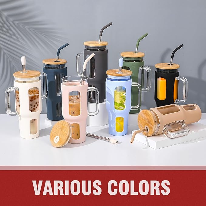 Glass Tumbler with Lid and Straw, 46 oz Iced Coffee Cup with Handle, Large Water Bottles with Silicone Sleeve, Glass Cup with Straws - Pearl Straw & Drinking Straw BPA Free-Black