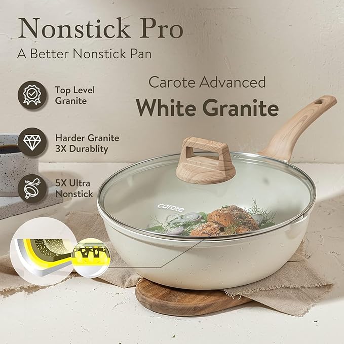 CAROTE 12Inch Nonstick Deep Frying Pan with Lid, 5.5 Qt Jumbo Cooker Saute Pan with Pour Spout, Skillet Induction Cookware, Non Stick Cooking Pan Kitchen Pan PFOA Free, White Granite
