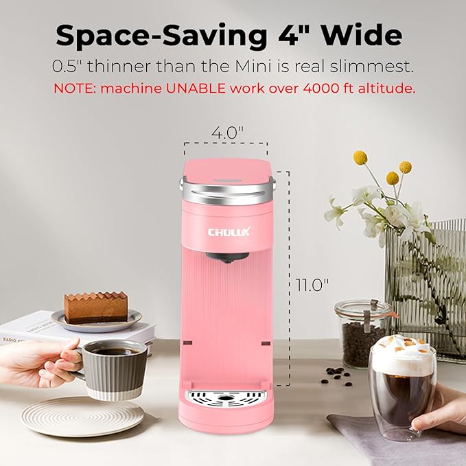 CHULUX Slim Single Serve Coffee Maker for K Pods, One Cup Coffee Maker Fits 7.3" Travel Mugs, Coffee Machine with 6 to 12oz Brew Sizes, Salmon Pink